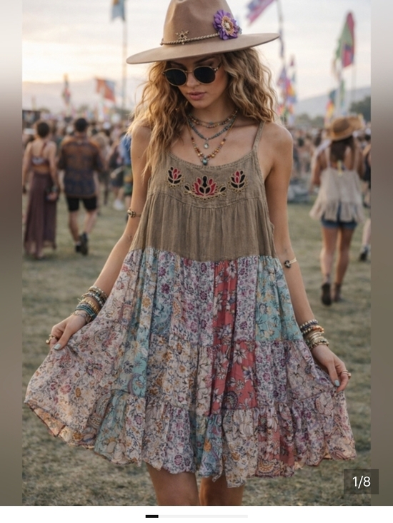 Young Threads Dresses & Skirts - Young Threads Boho Patchwork Midi Dress in Olive and Floral Sz L